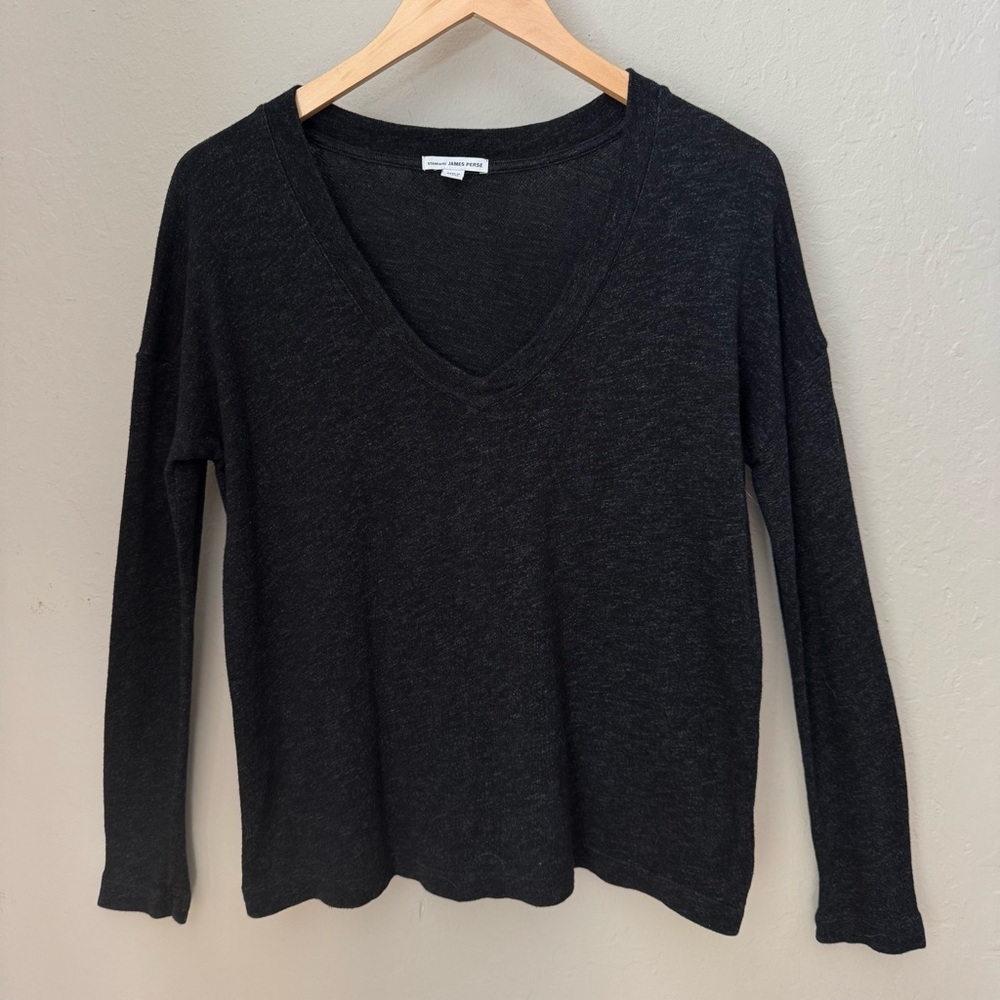 JAMES PERSE Long Sleeve V-Neck Top Black Knit Size 2/Medium - Picture 3 of 12